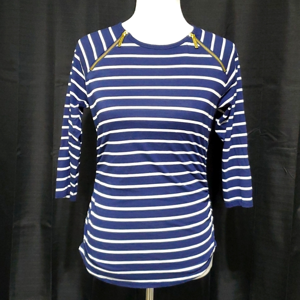 MK striped top w/gold zipper accents